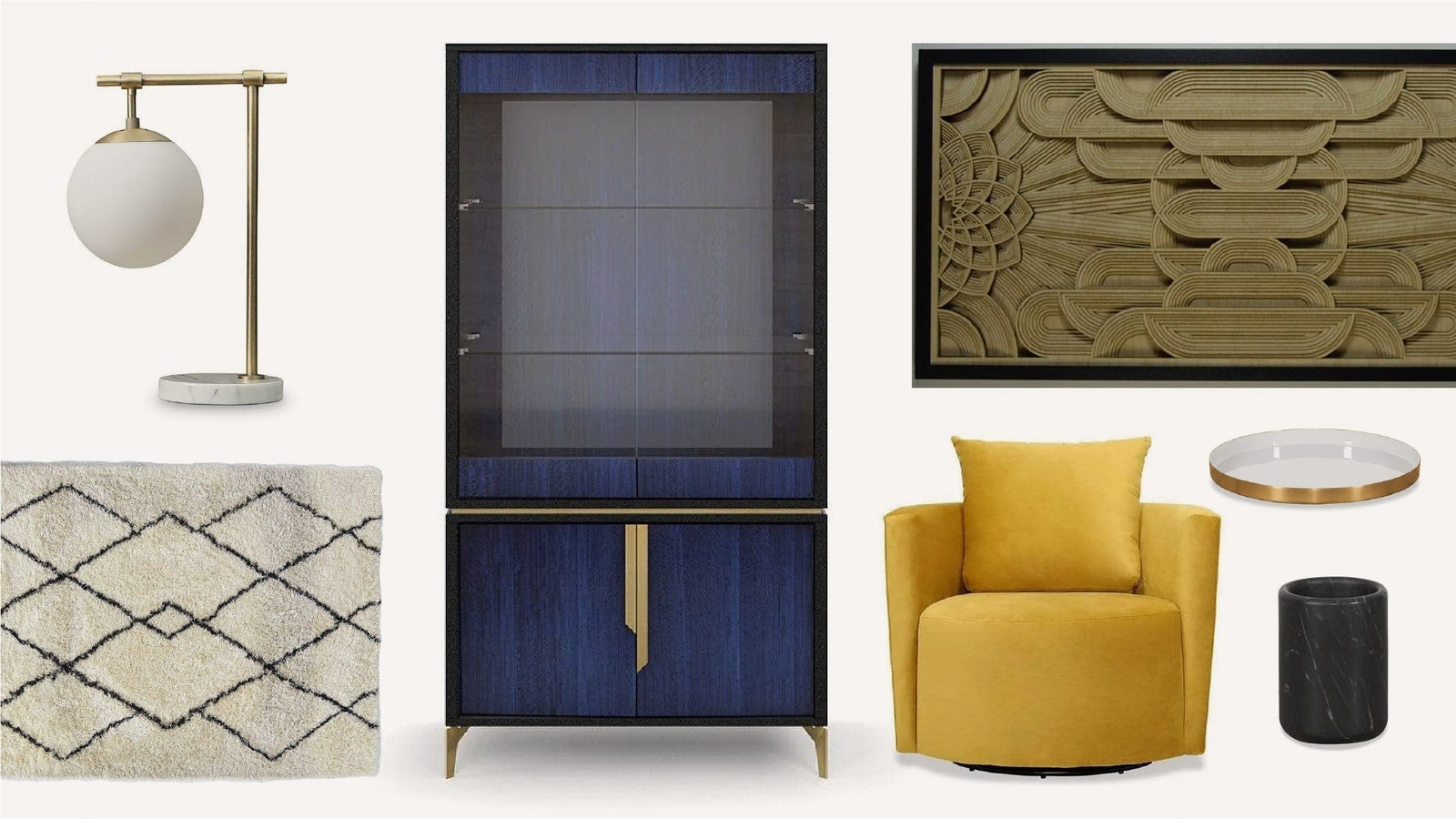 Curated home decor with a gold lamp, blue cabinet, mustard chair, and carved wall art in a studio setting.