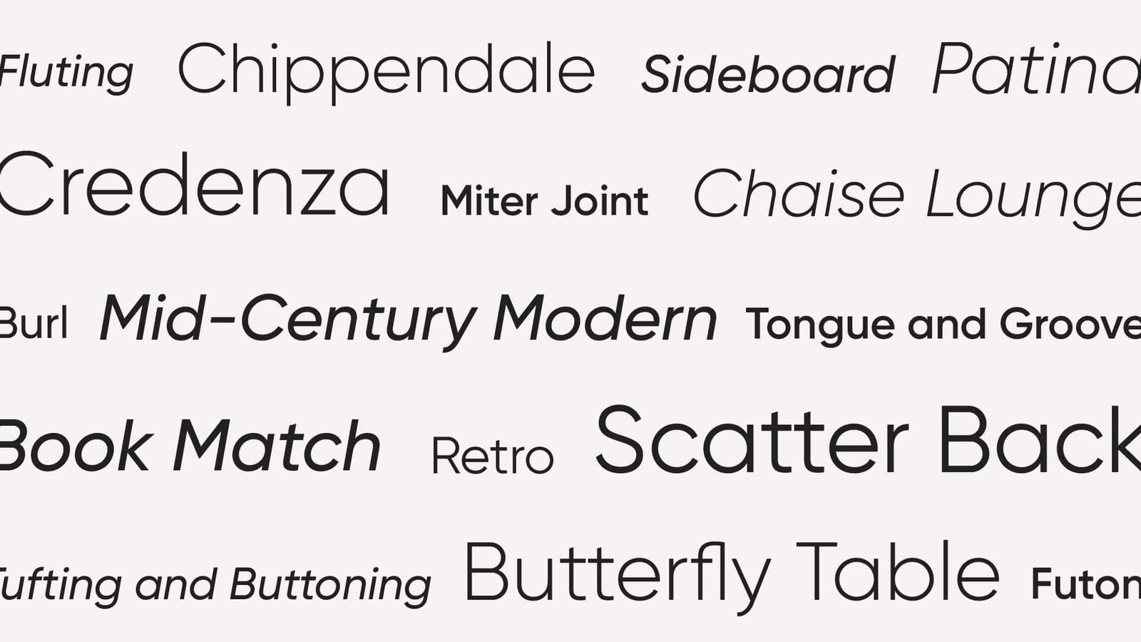 Black words on light background with a variety of furniture terms.