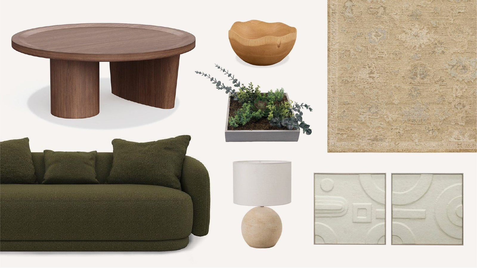 A collage of home decor items, brown dining table and green sofa