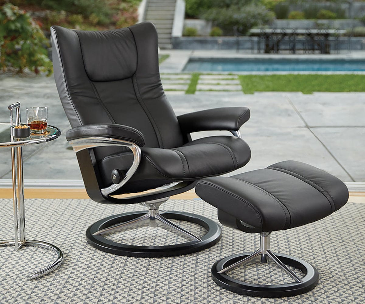 Stressless® Wing Recliner & Ottoman with Signature Base - Black