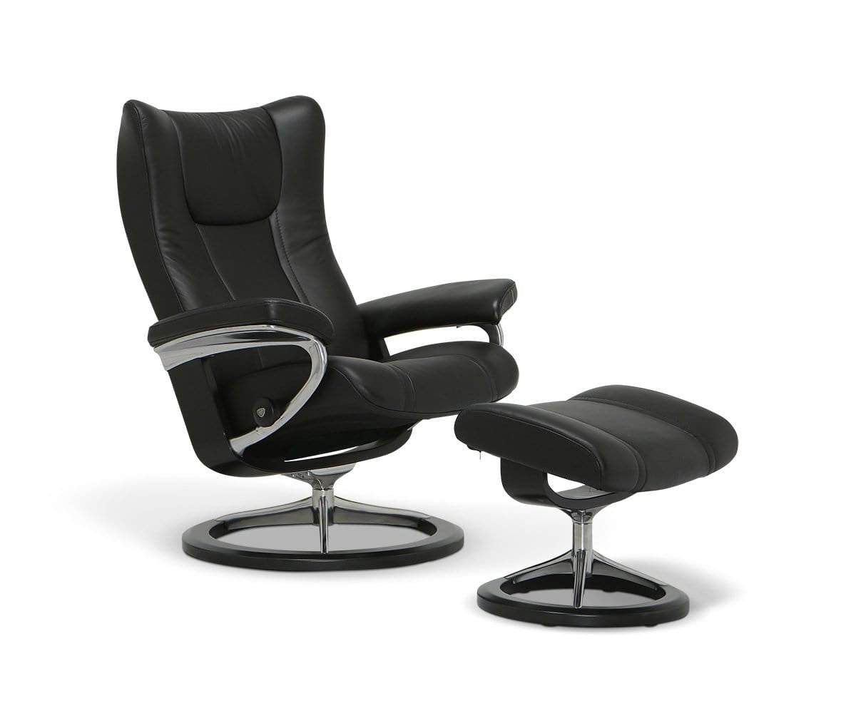 Stressless® Wing Recliner & Ottoman with Signature Base - Black